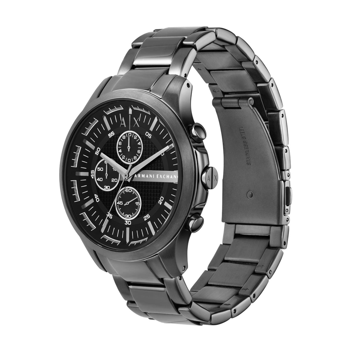 Men's black dial chronograph quartz watch with steel bracelet and subdials