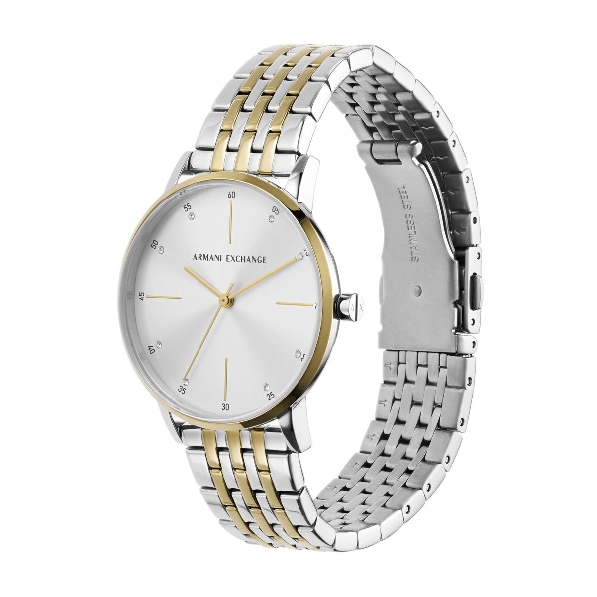 Two-tone stainless steel watch with white dial and expandable bracelet band