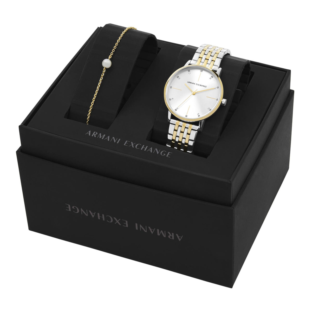 Watch and bracelet set on gift box: two-tone steel with white dial
