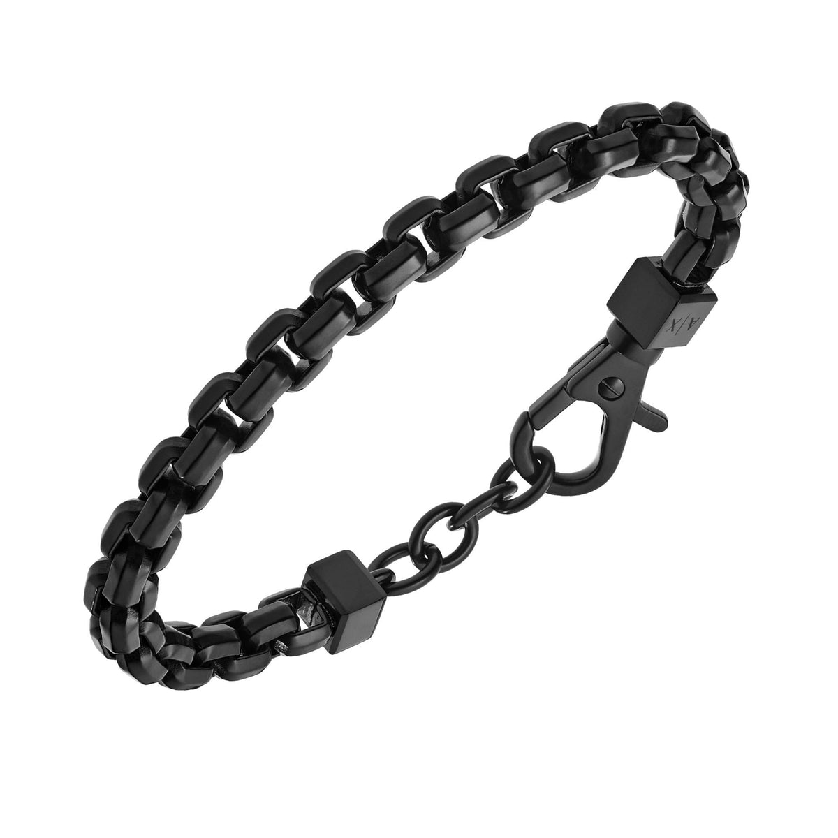Black chain bracelet, detailed clasp and hook closure with rectangular accents