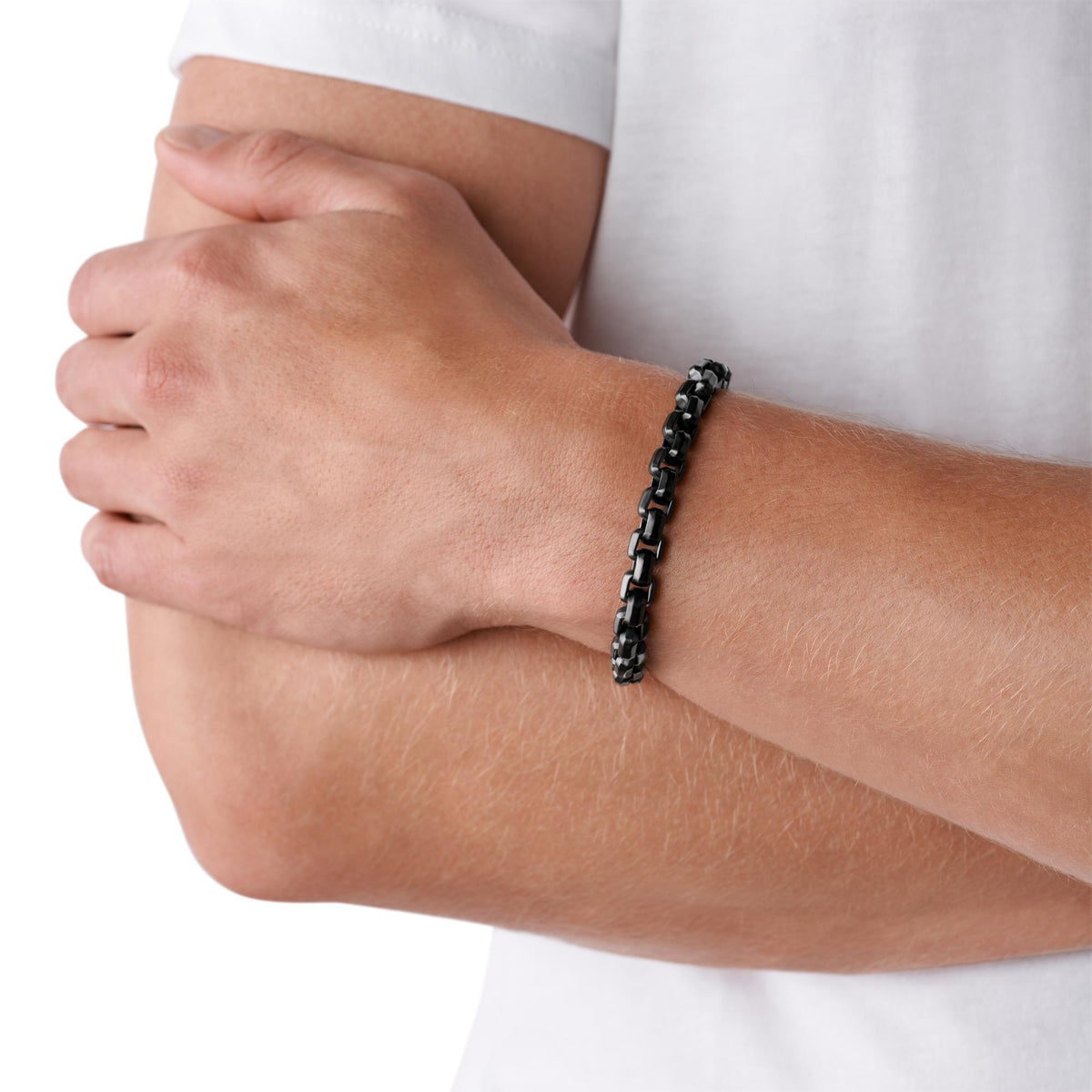 Mens black chain bracelet worn on wrist with chunky link design