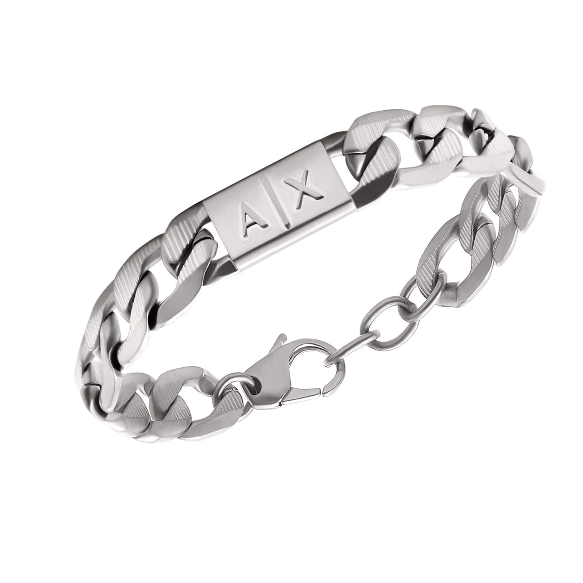 Stainless steel chain bracelet close-up with engraved AX logo centerpiece