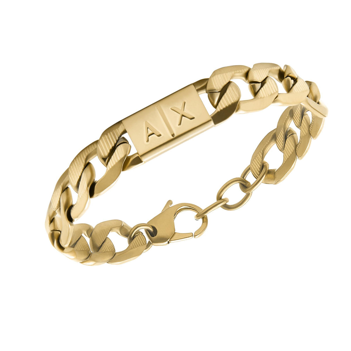 Gold-tone chain bracelet angled view, AX logo plate and interlocking links