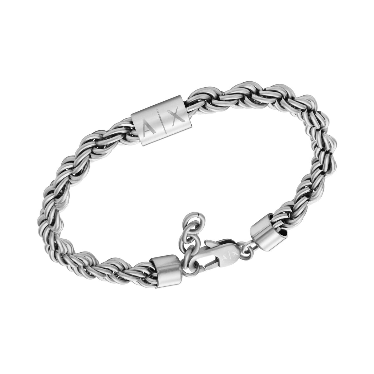 Men's stainless steel chain bracelet, side view with engraved A|X logo and clasp