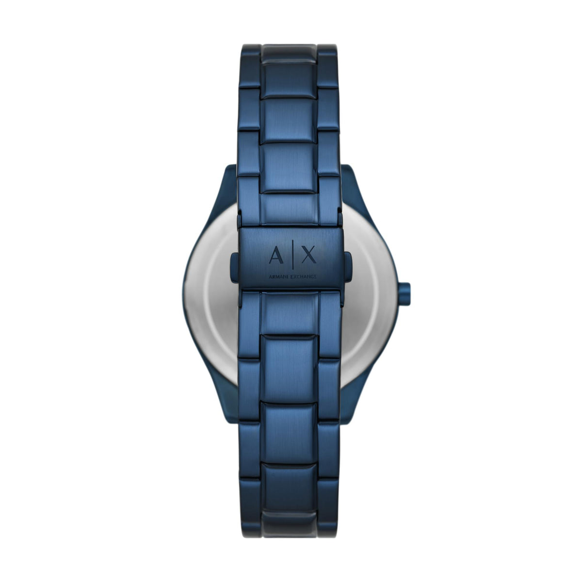 Blue dial watch with steel link bracelet, clasp and back of the case