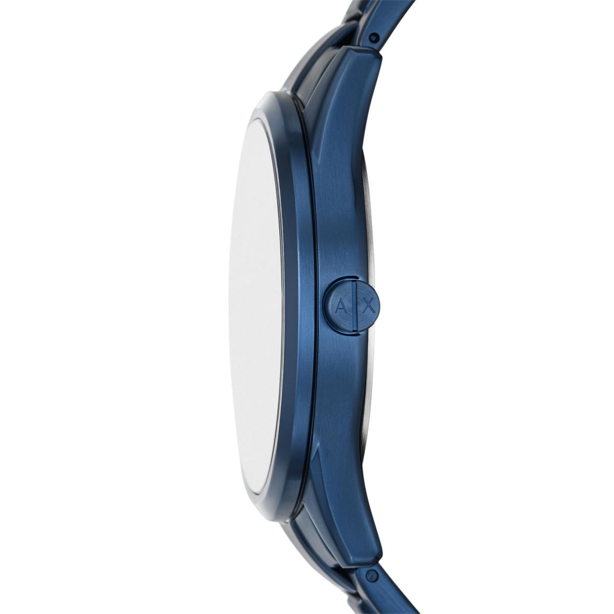 Blue steel watch case side view with crown and matching link bracelet