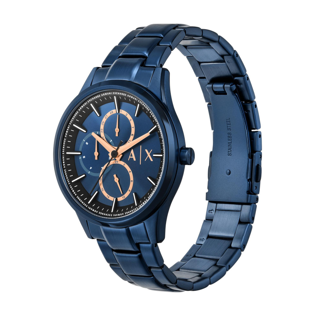 Blue dial chronograph watch with steel bracelet and black bezel, three subdials