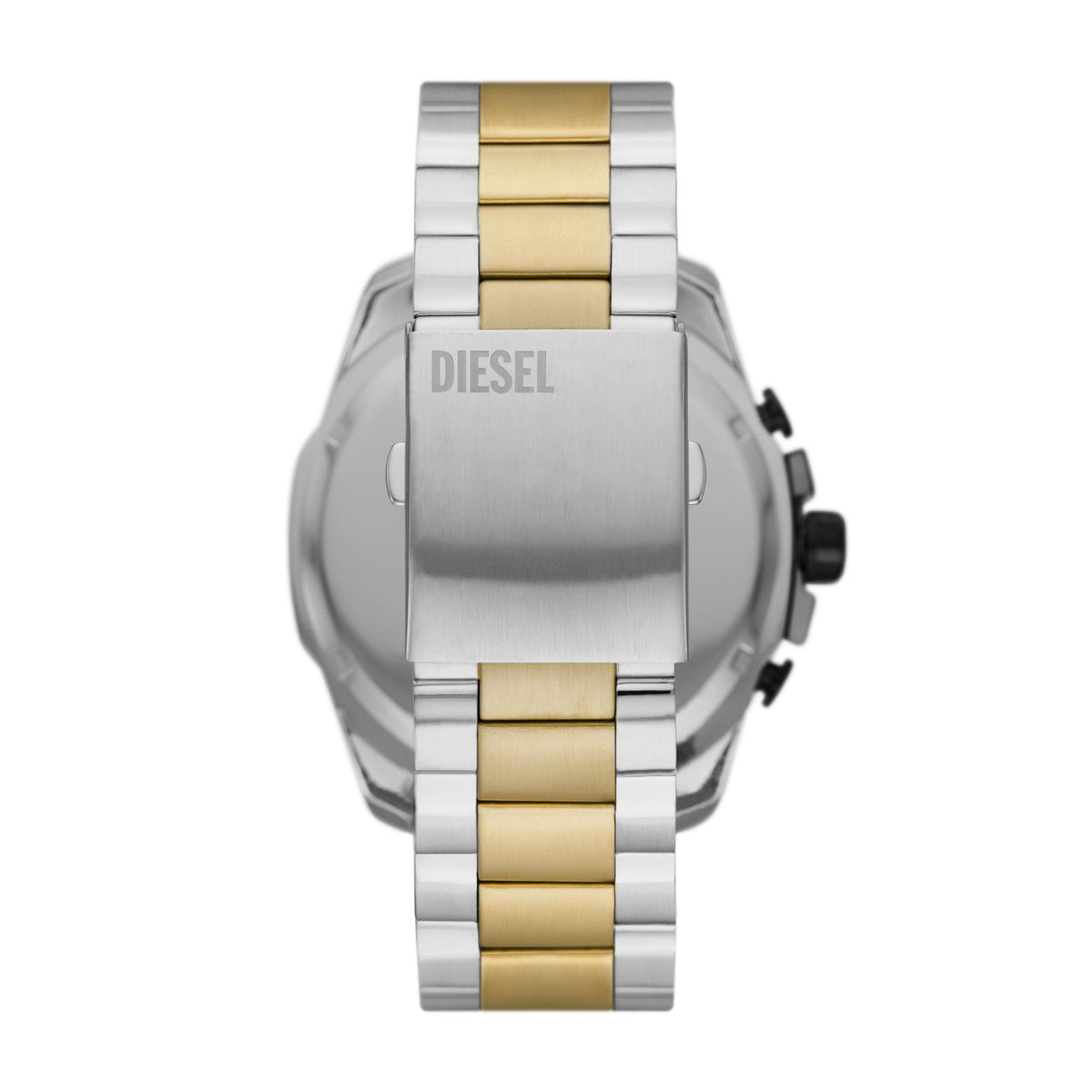 Men's chronograph wristwatch with black dial, steel band and gold-tone bezel