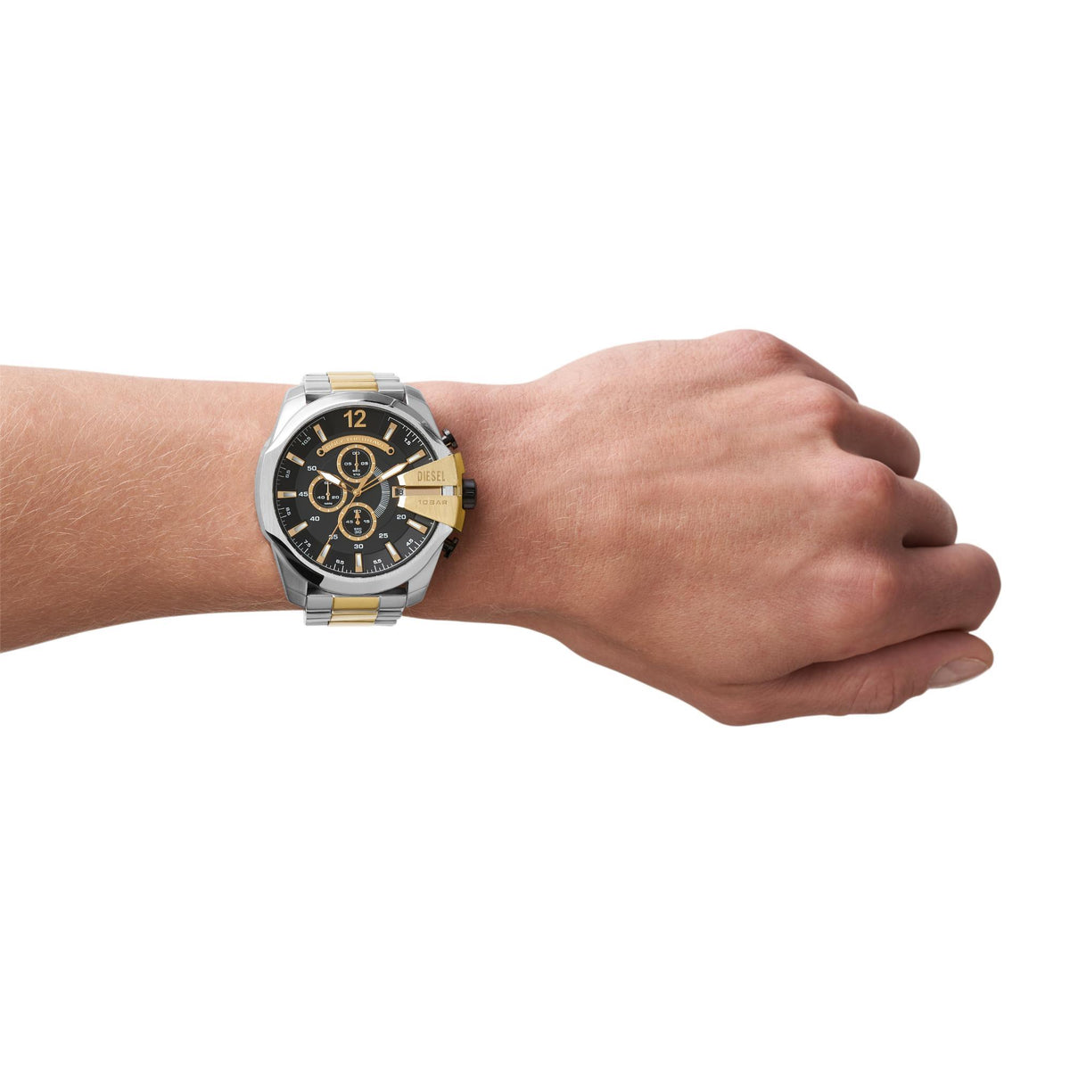 Men's black-dial chronograph watch on wrist, steel and gold-tone bracelet