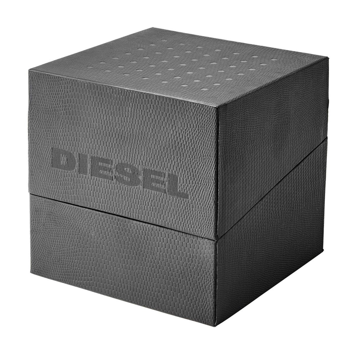 Diesel watch box with textured gray finish and embossed logo