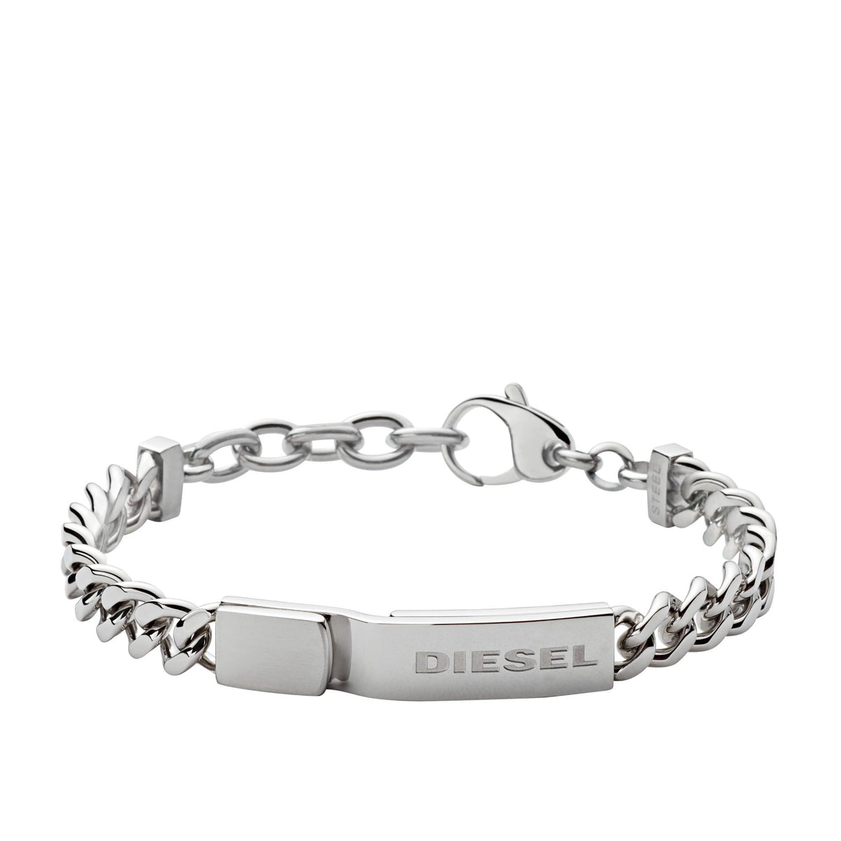 Men's Diesel stainless-steel bracelet with link chain, logo plate, and fold-over clasp