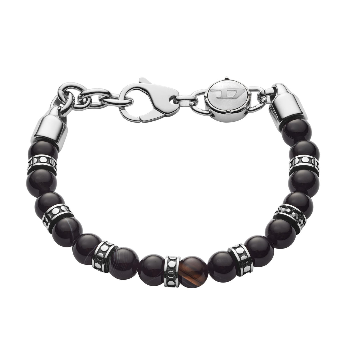 Men's beaded bracelet with black agate-look beads and silver-tone chain clasp