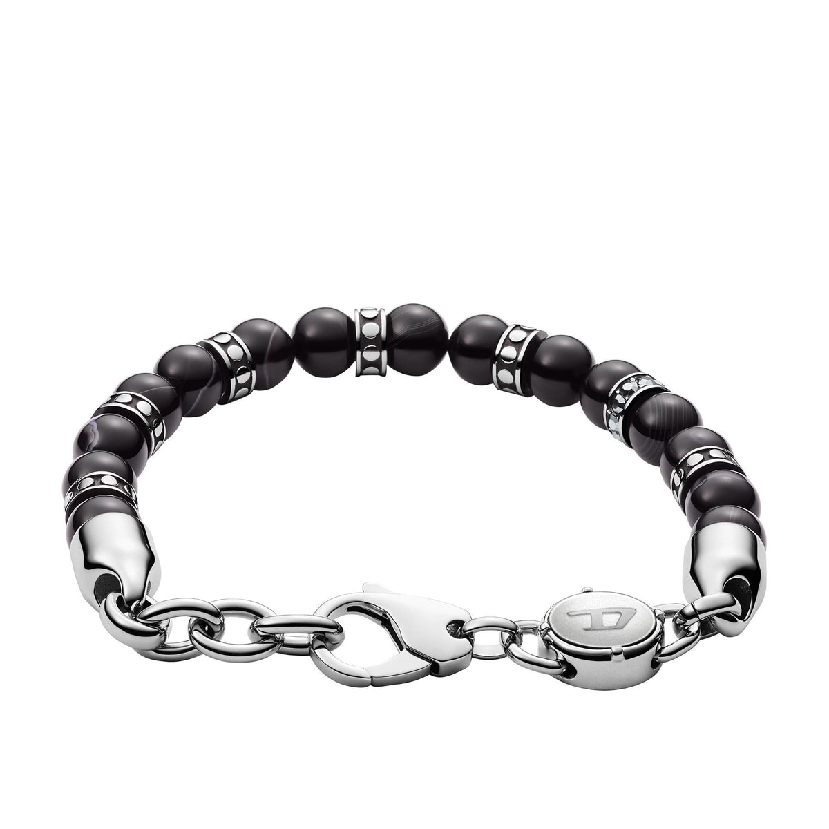 Men's beaded bracelet angled view with black beads, silver links, and round clasp
