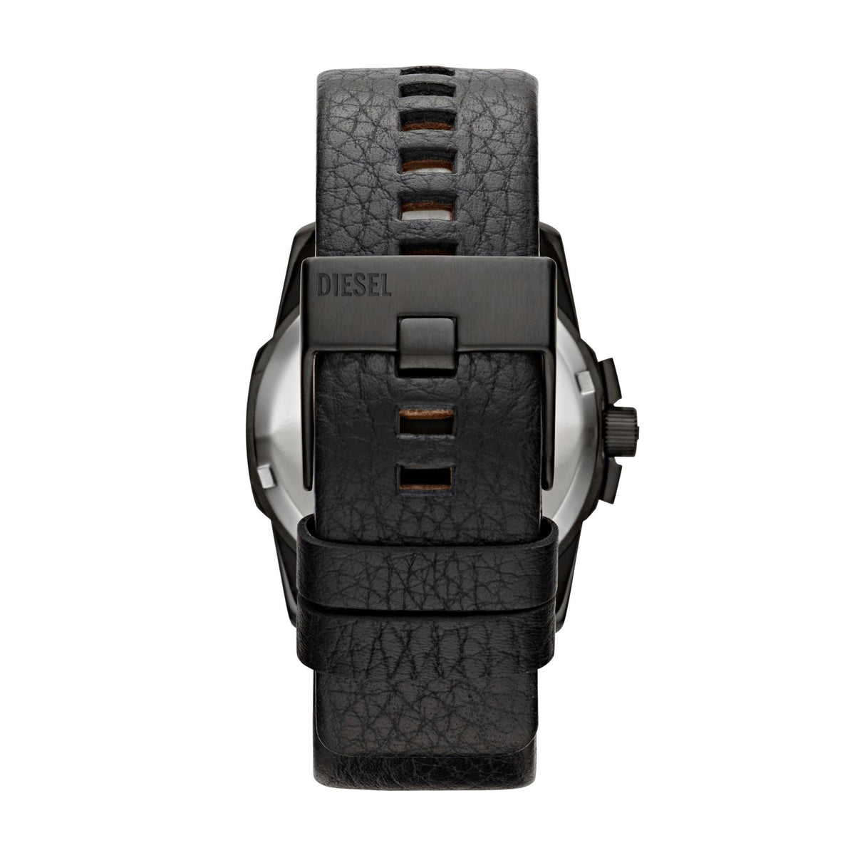 Men's quartz watch with black leather strap and black dial with orange accents
