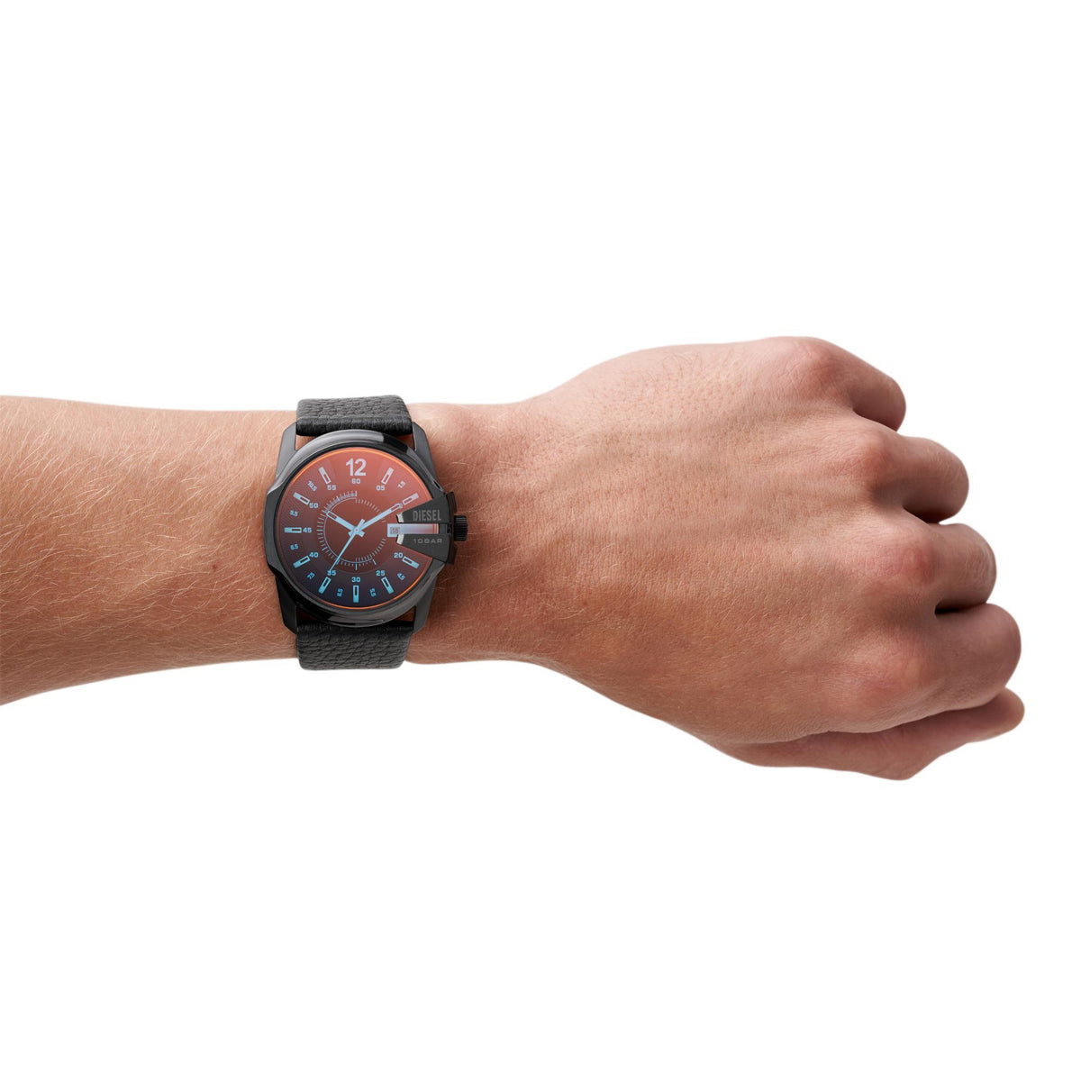 Men's wrist quartz watch with black dial and black leather band