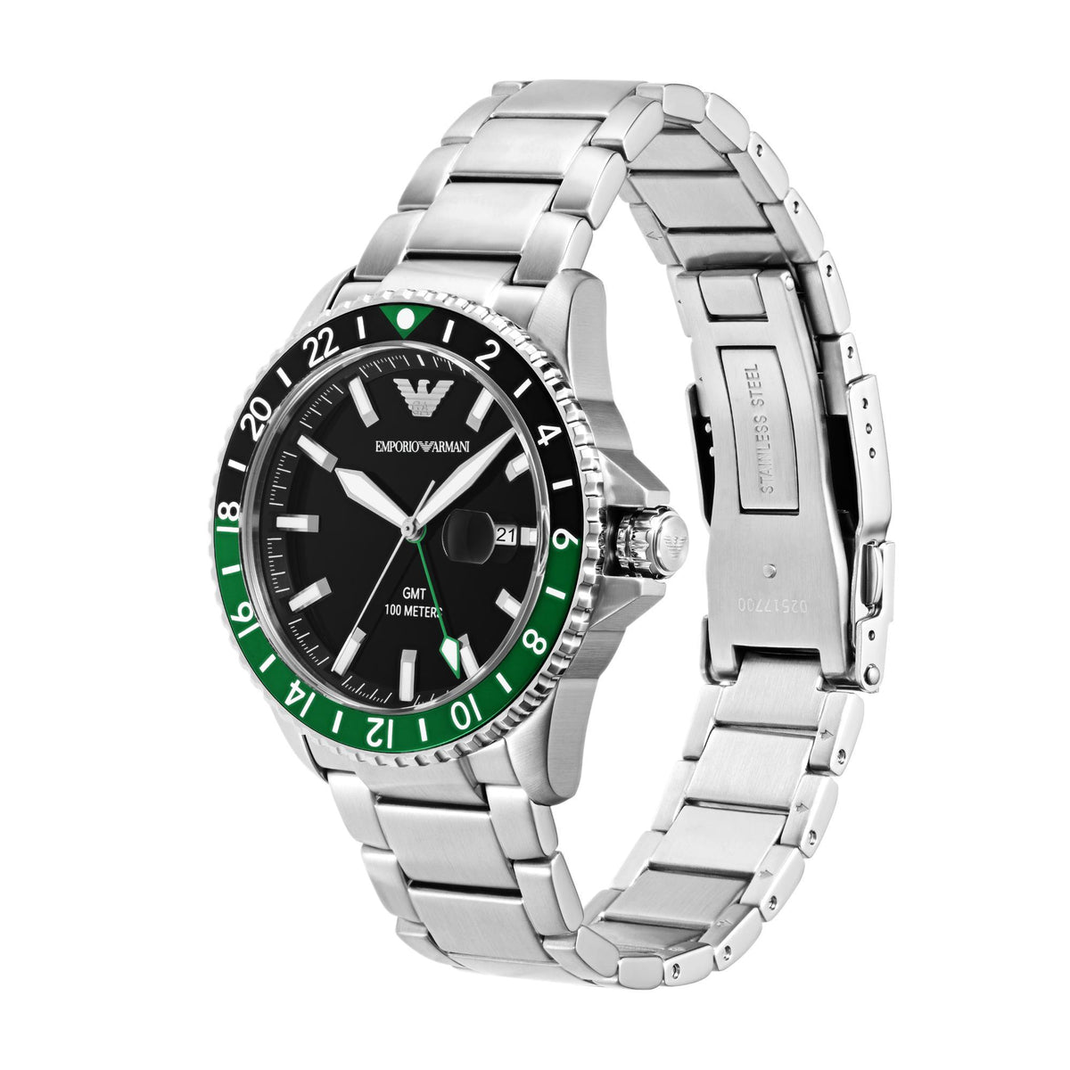 Stainless steel men's quartz watch with black dial, green bezel ring, and GMT hands