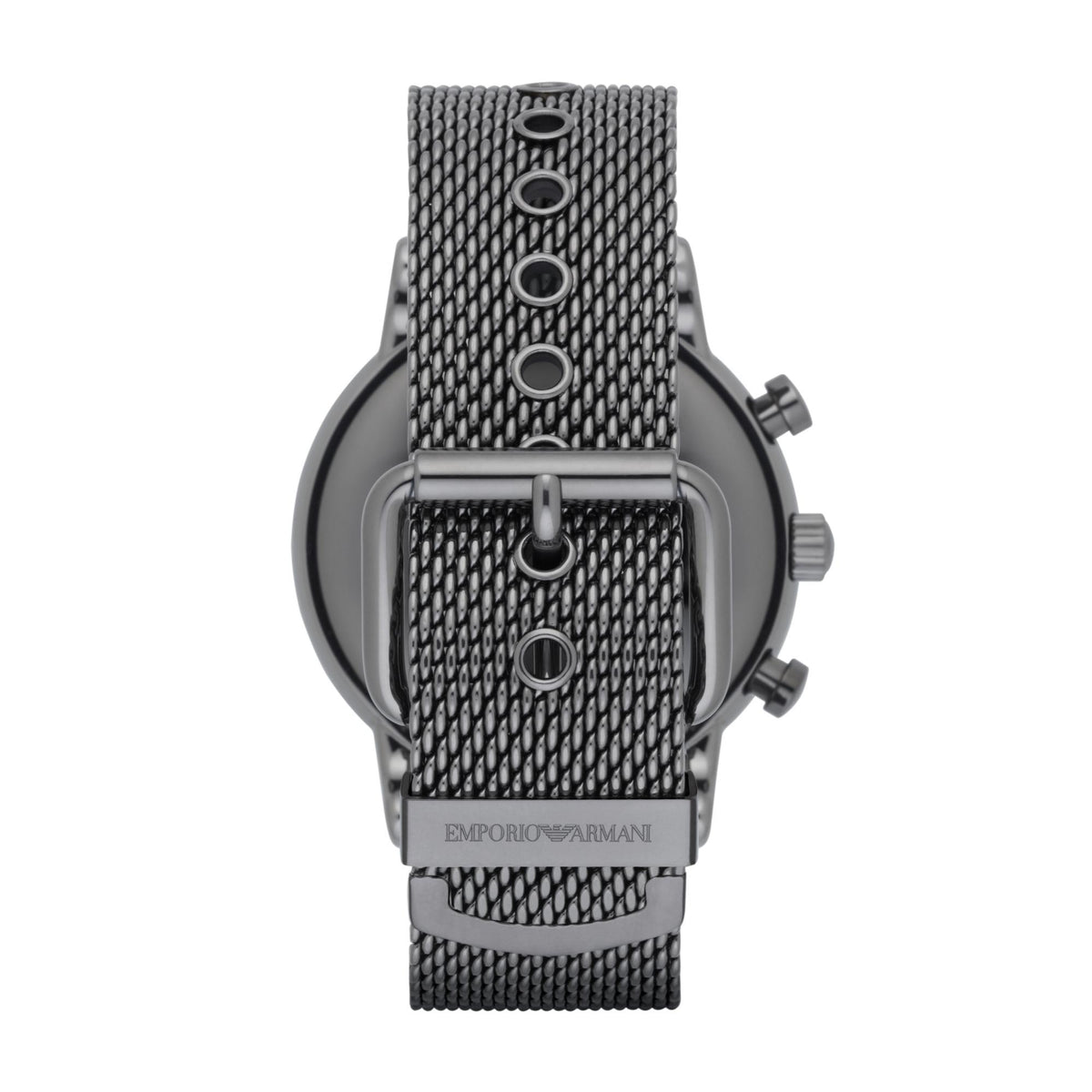 Steel chronograph watch back with mesh strap and pin buckle, side rear view