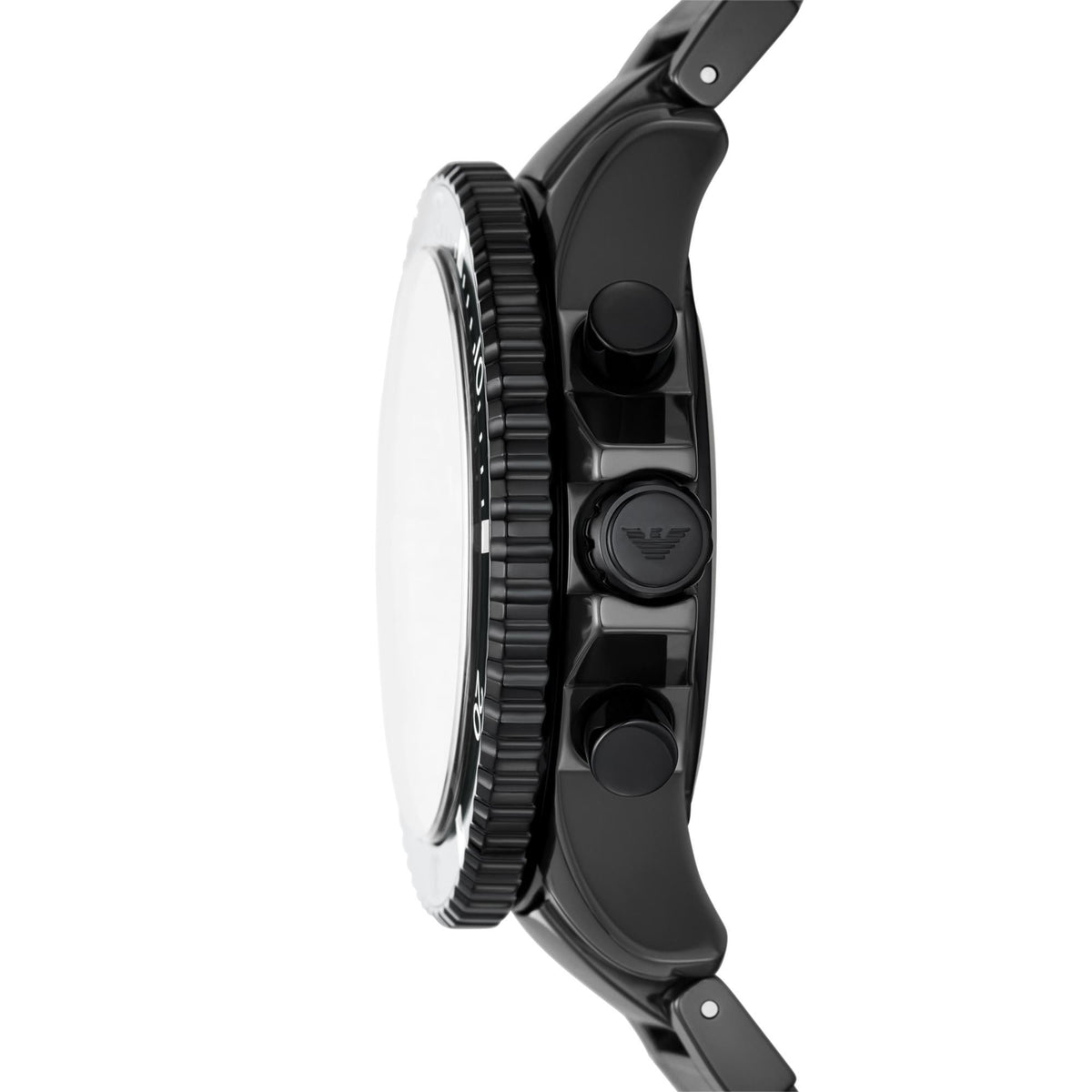 Men's black chronograph watch side view with crown and dark bracelet clasp
