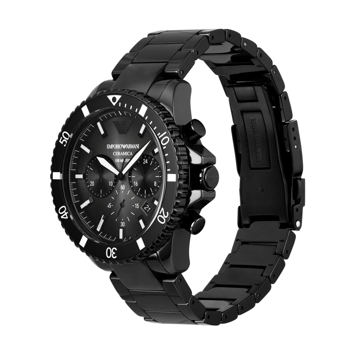 Men's black dial chronograph watch with bezel, pushers, and black steel bracelet