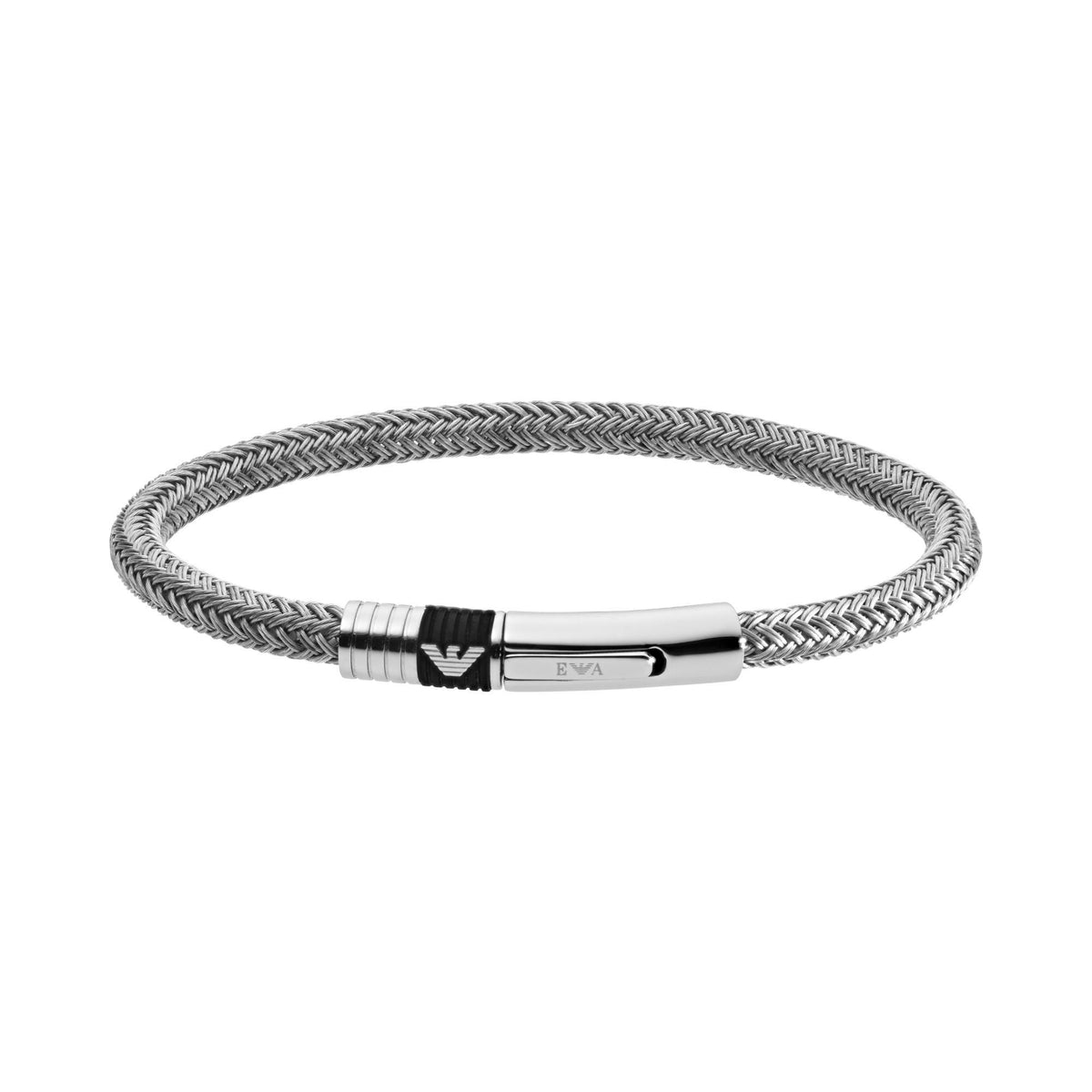 Emporio Armani EGS1623040 front view of stainless steel mesh bracelet featuring black rubber inlay and engraved logo clasp
