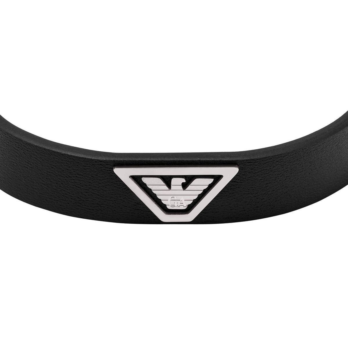 Black leather bracelet strap with large silver-toned Emporio Armani logo centerpiece