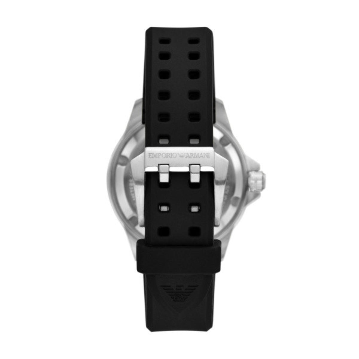 Rear view of the Emporio Armani Sea Explorer AR60078 watch showing the black silicone strap, pin buckle, and engraved logo