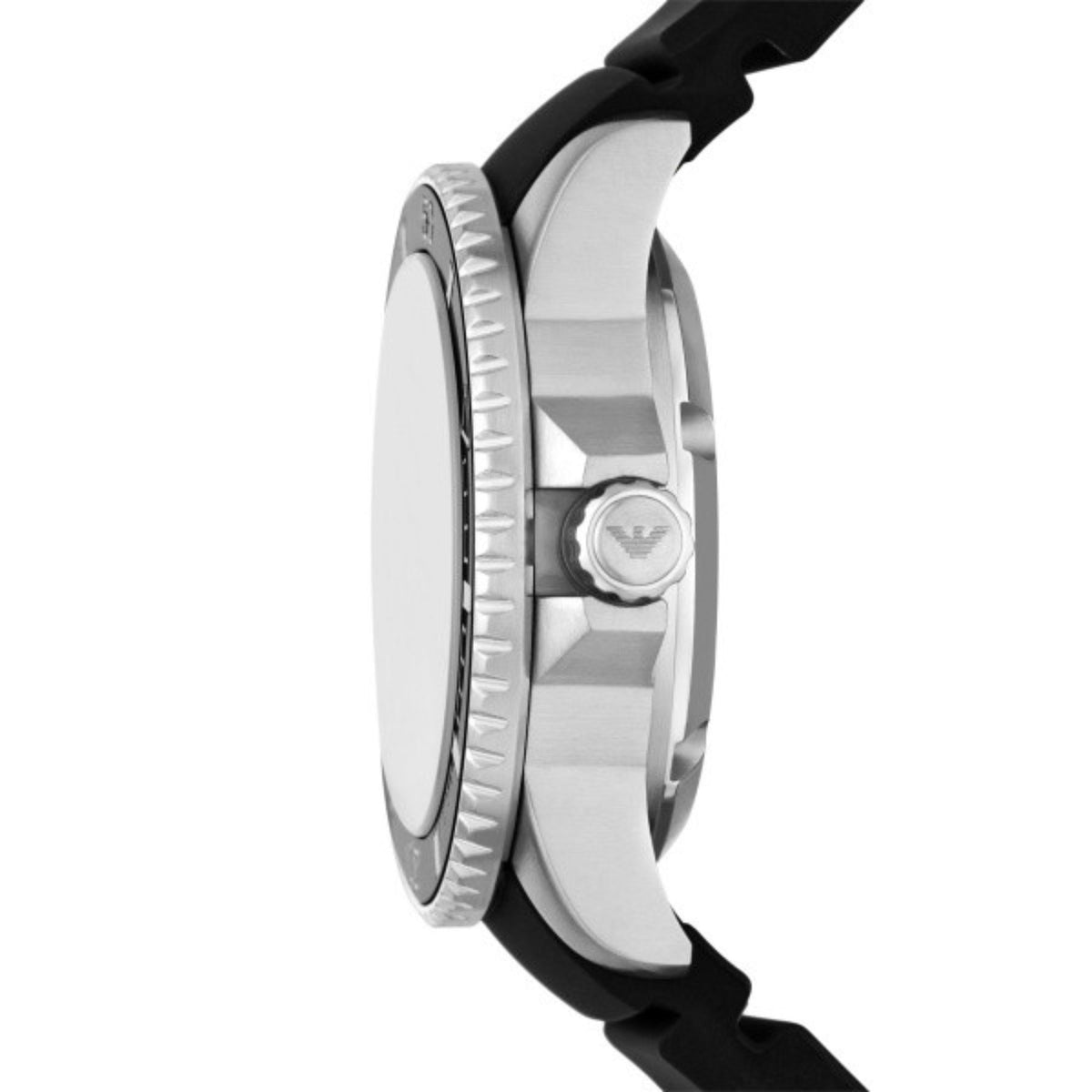 Side profile of the Emporio Armani Sea Explorer AR60078 wrist watch displaying the coin-edge bezel, steel case, and branded crown