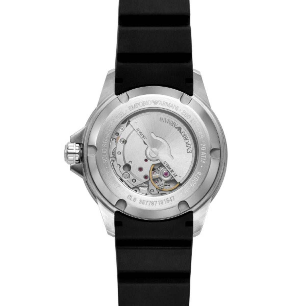 Back view of the Emporio Armani Sea Explorer AR60078 watch showcasing the exhibition case back and black strap attachment