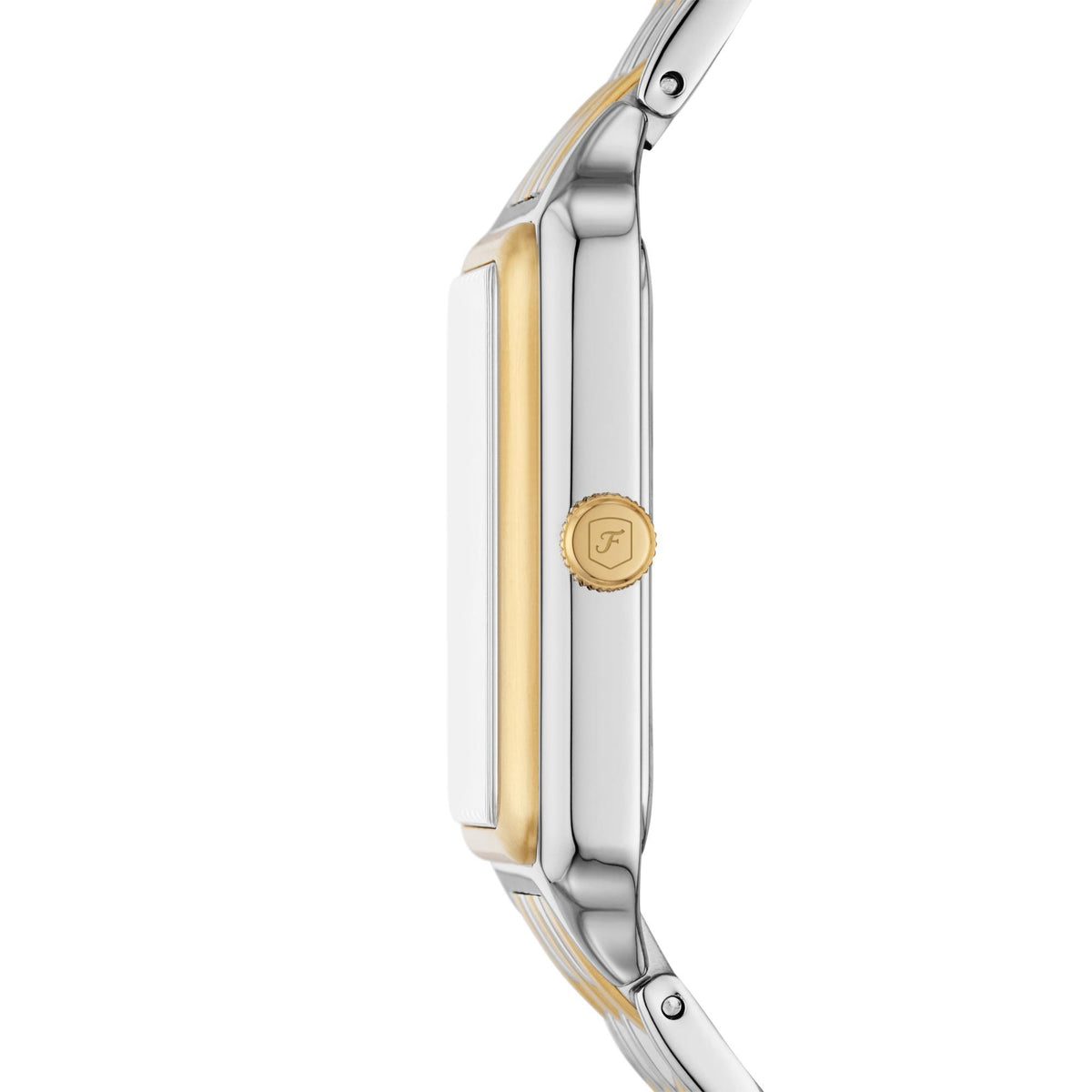 Side profile of the Fossil Raquel ES5305 watch highlighting the slim silver-tone case, gold-tone bezel, and crown