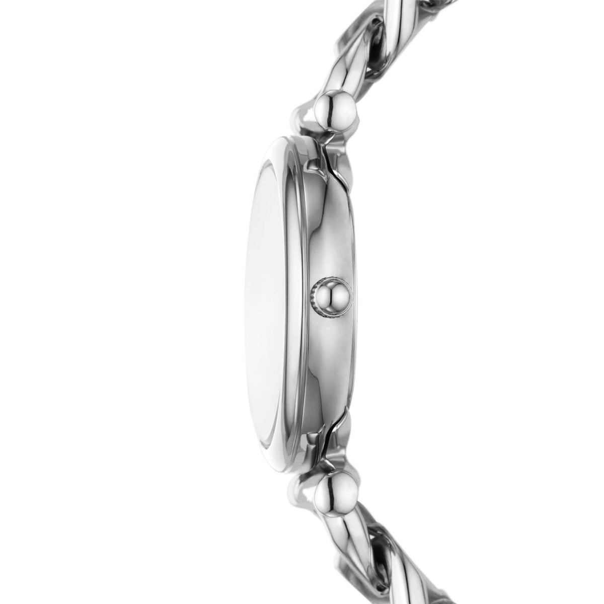 Ladies silver steel quartz watch side profile with round case and crown