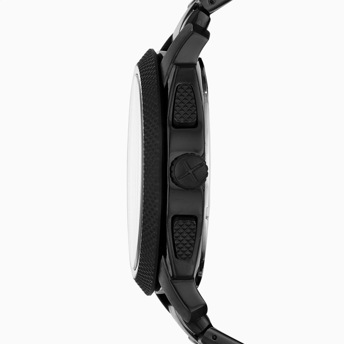 Close-up of a black watch with detailed design on a white background