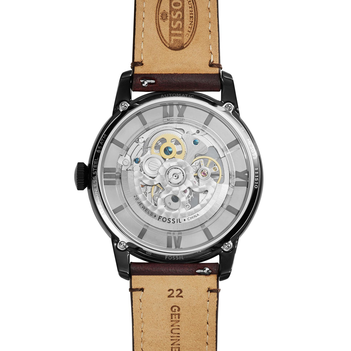 Men's automatic skeleton watch with clear dial, exposed movement, and tan leather strap