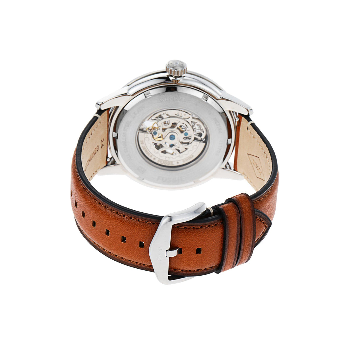 Underside view of the Fossil Townsman ME3154 brown leather strap, silver pin buckle, and see-through caseback