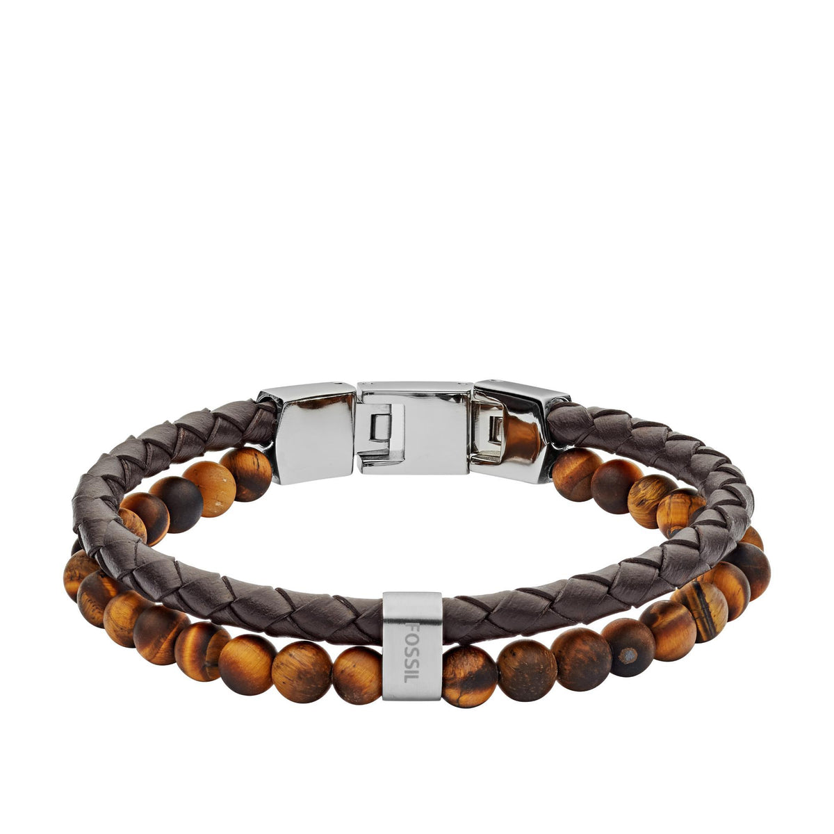 Men's braided dark brown leather bracelet with tiger's eye style beads and silver clasp