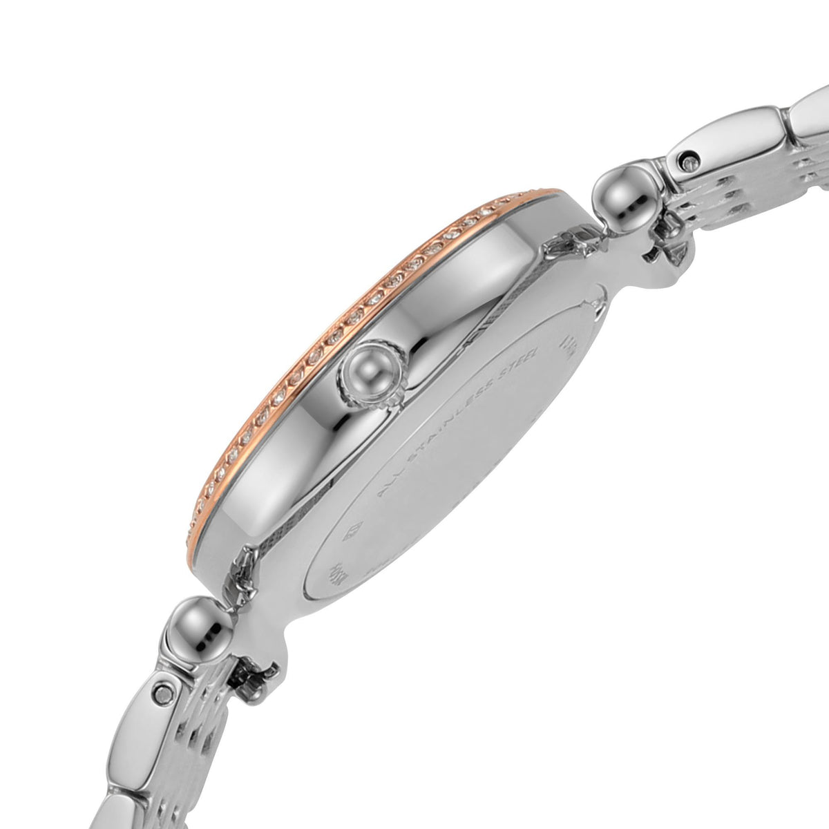 Ladies steel quartz watch with rose-gold tone bezel and crystal accents, bracelet links