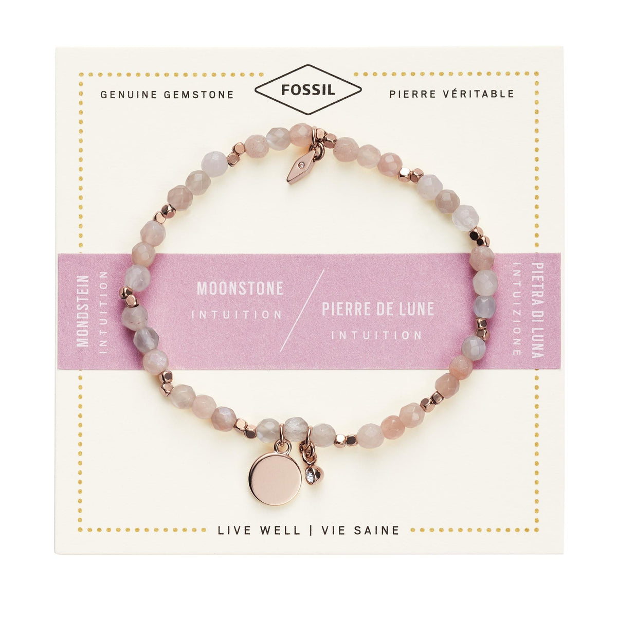 Moonstone beaded bracelet displayed on card with rose gold oval charm and crystal accent
