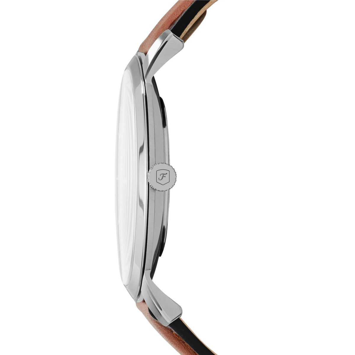 Stainless-steel watch case side view with crown and brown leather strap