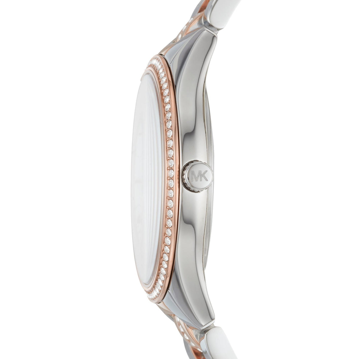 Two-tone stainless steel watch case with rose-gold crystal bezel detail and round logo