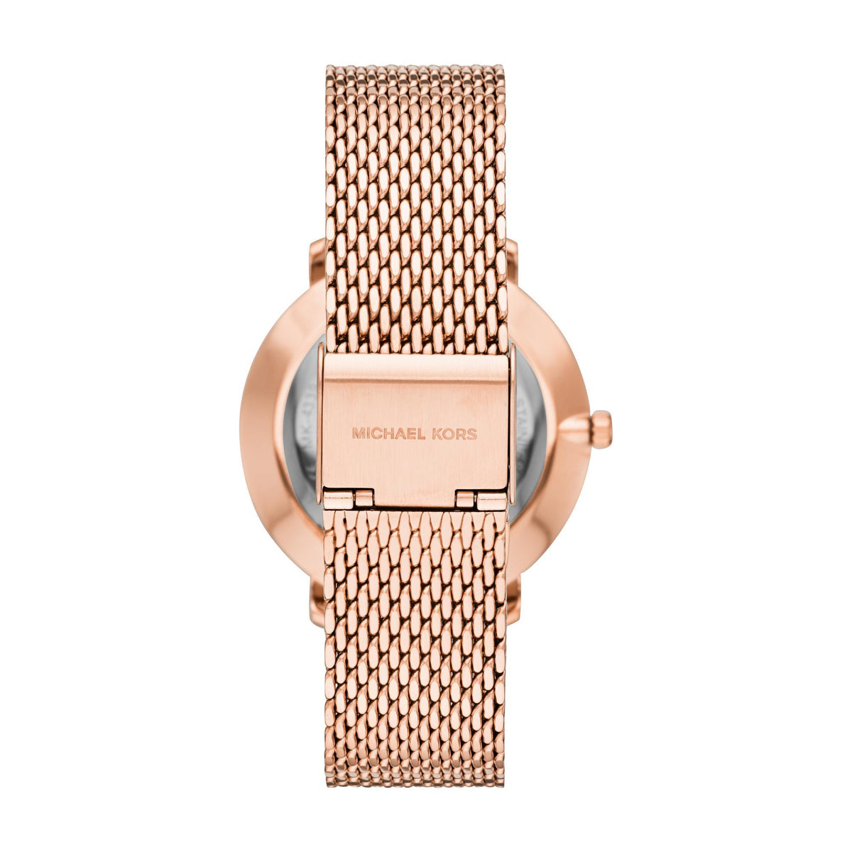 Rose gold wristwatch with rectangular clasp panel, mesh link band, and round face