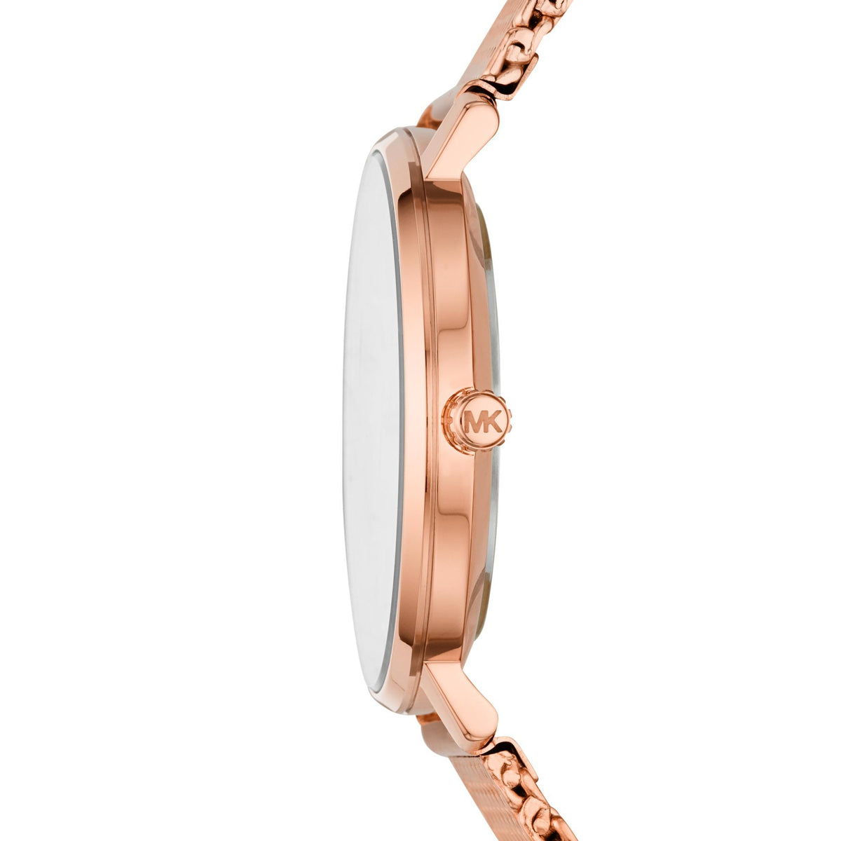 Rose gold-tone stainless steel watch case side view with crown and linked bracelet