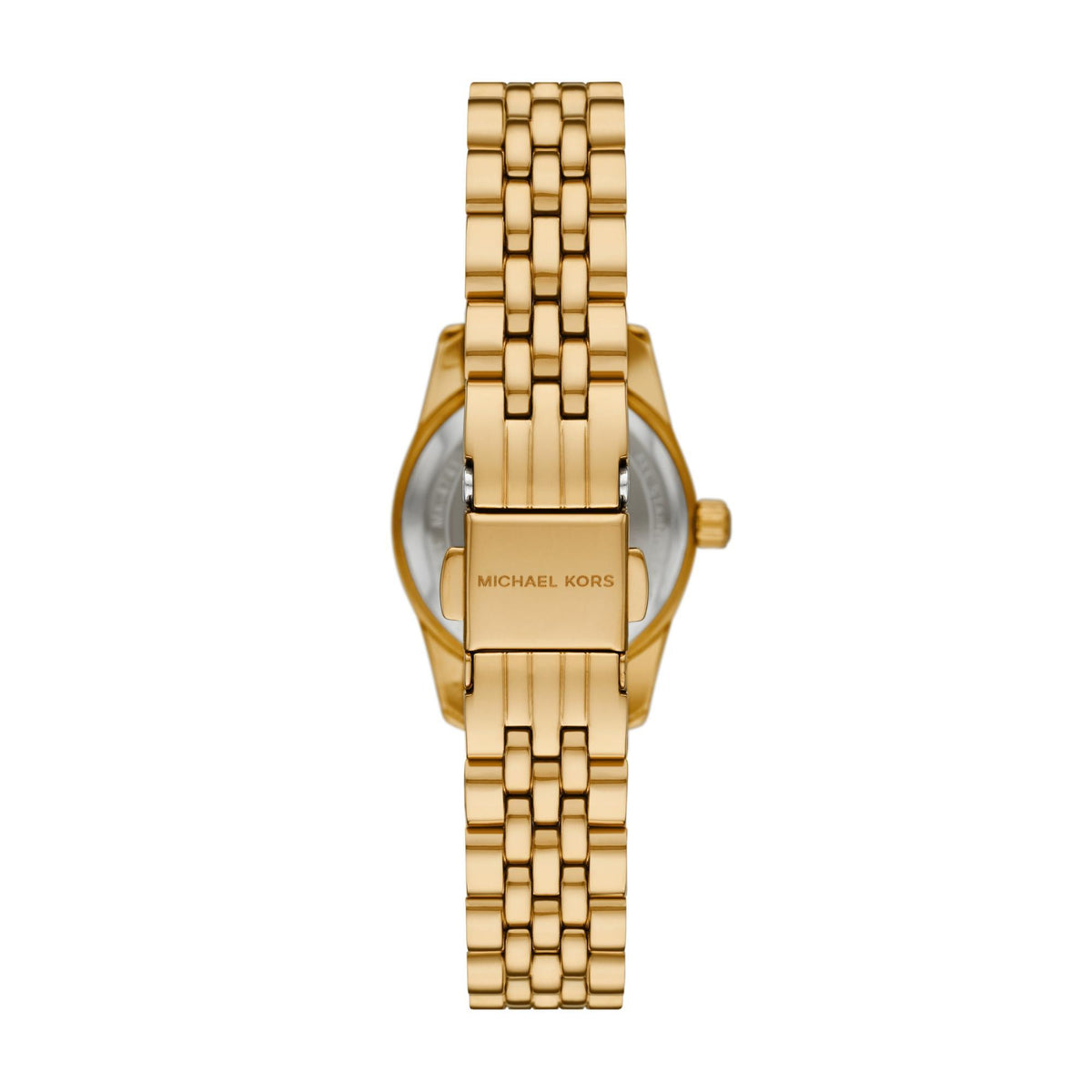 Gold-tone wristwatch showing case side, crown detail, and link bracelet
