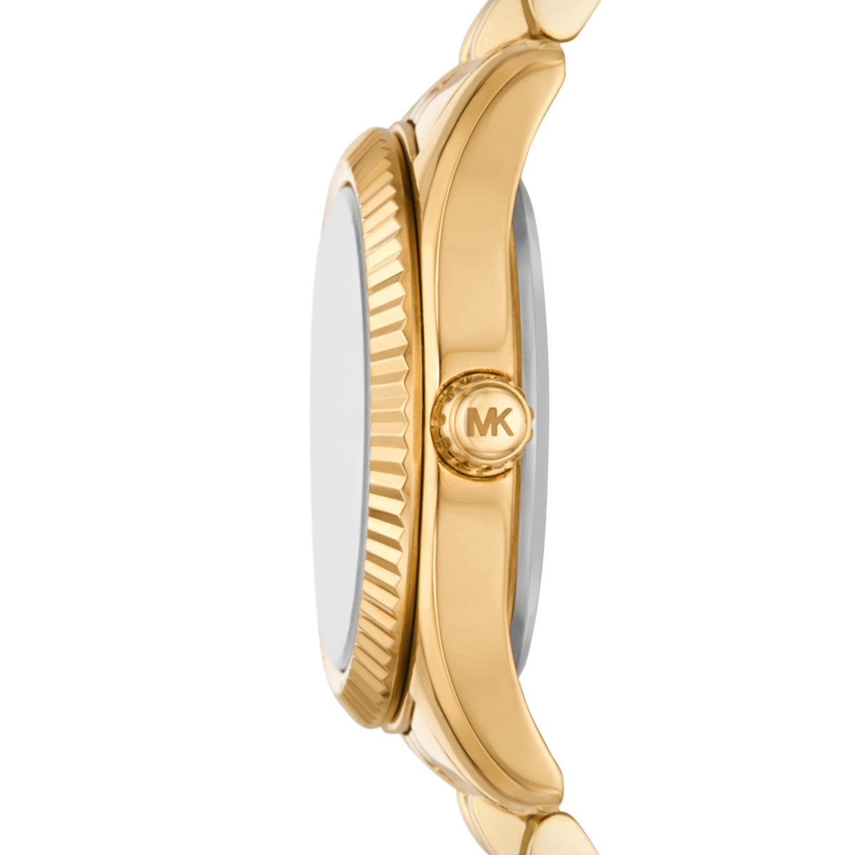 Gold-tone watch case profile with ridged crown and engraved MK logo