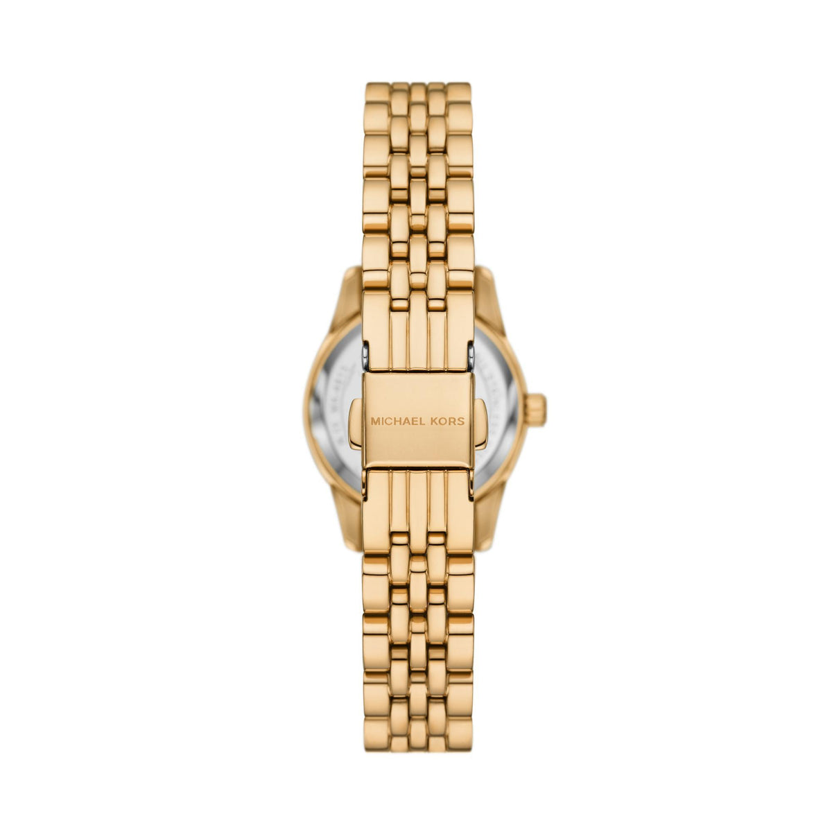 Gold-tone stainless steel watch viewed from back, showing clasp and bracelet logo