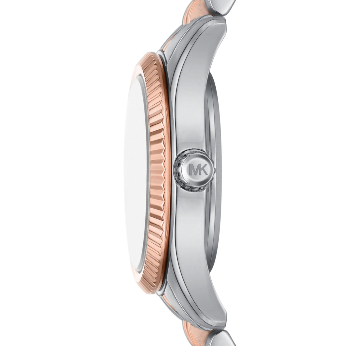 Michael Kors Lexington MK4817SET side angle showcasing rose gold tone coin edge bezel and MK branded crown