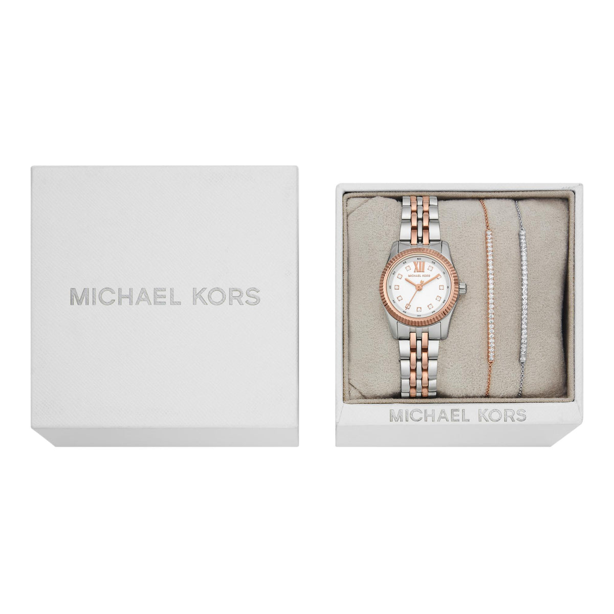 Michael Kors Lexington MK4817SET presentation box packaging displaying a white dial watch and two coordinating jewelry items