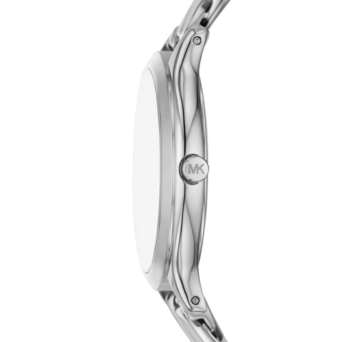 Michael Kors stainless steel watch side profile with crown and polished case