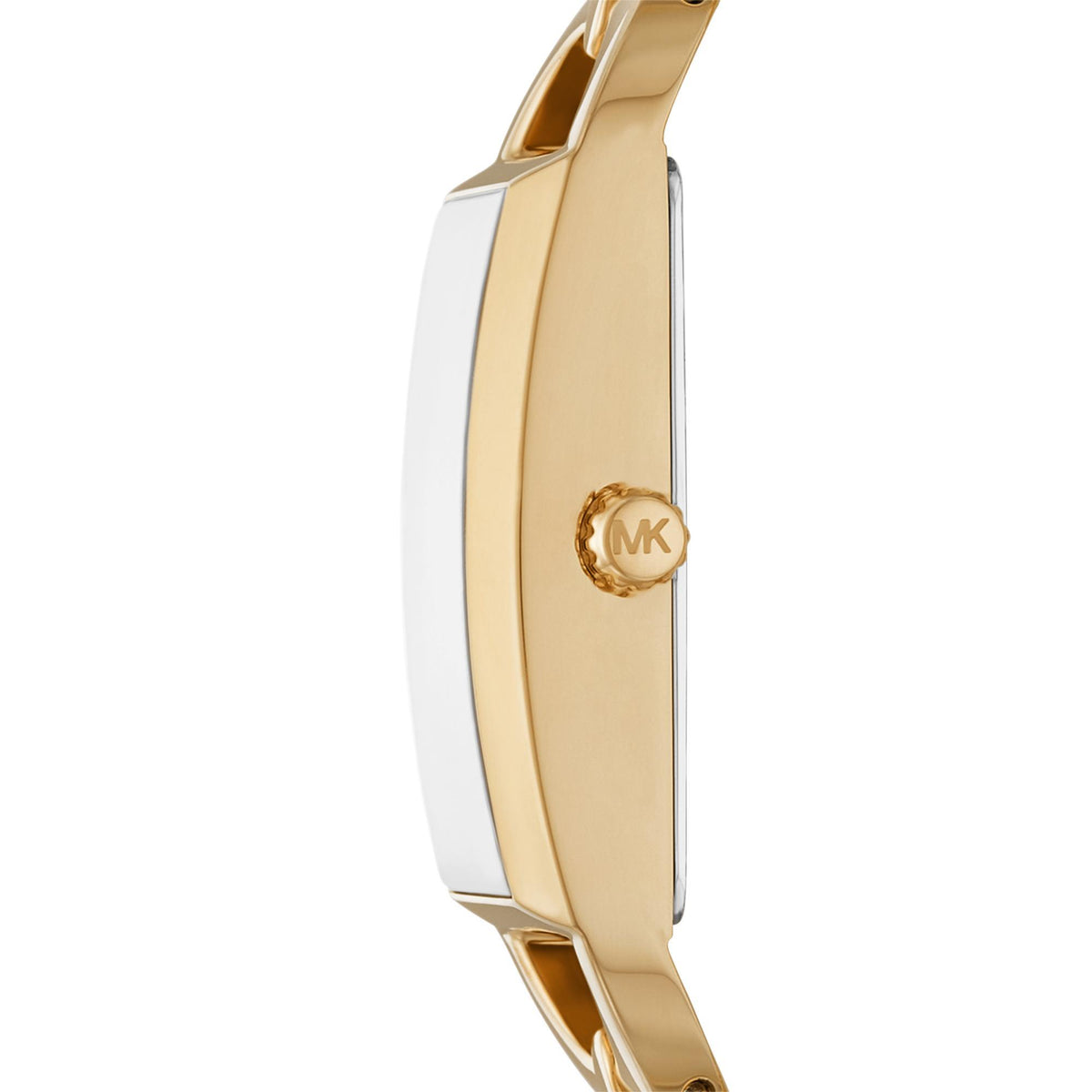 Michael Kors MK Empire MK7406 side profile view featuring the slender gold-tone case and logo-engraved crown