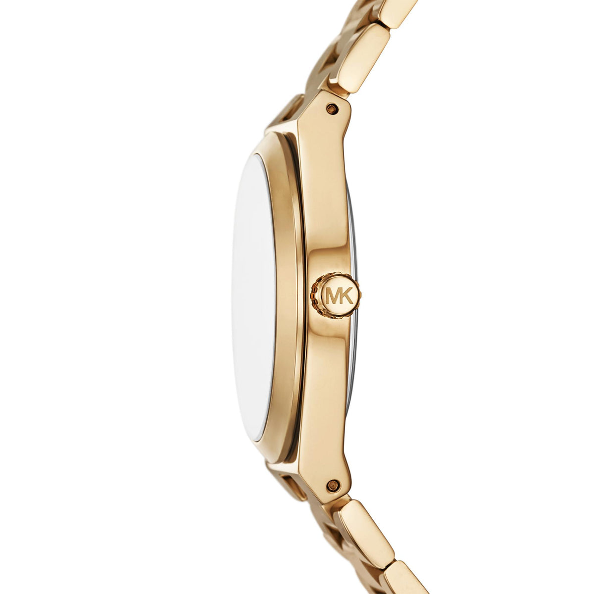 Gold-tone watch case side with crown and MK emblem, metal link bracelet