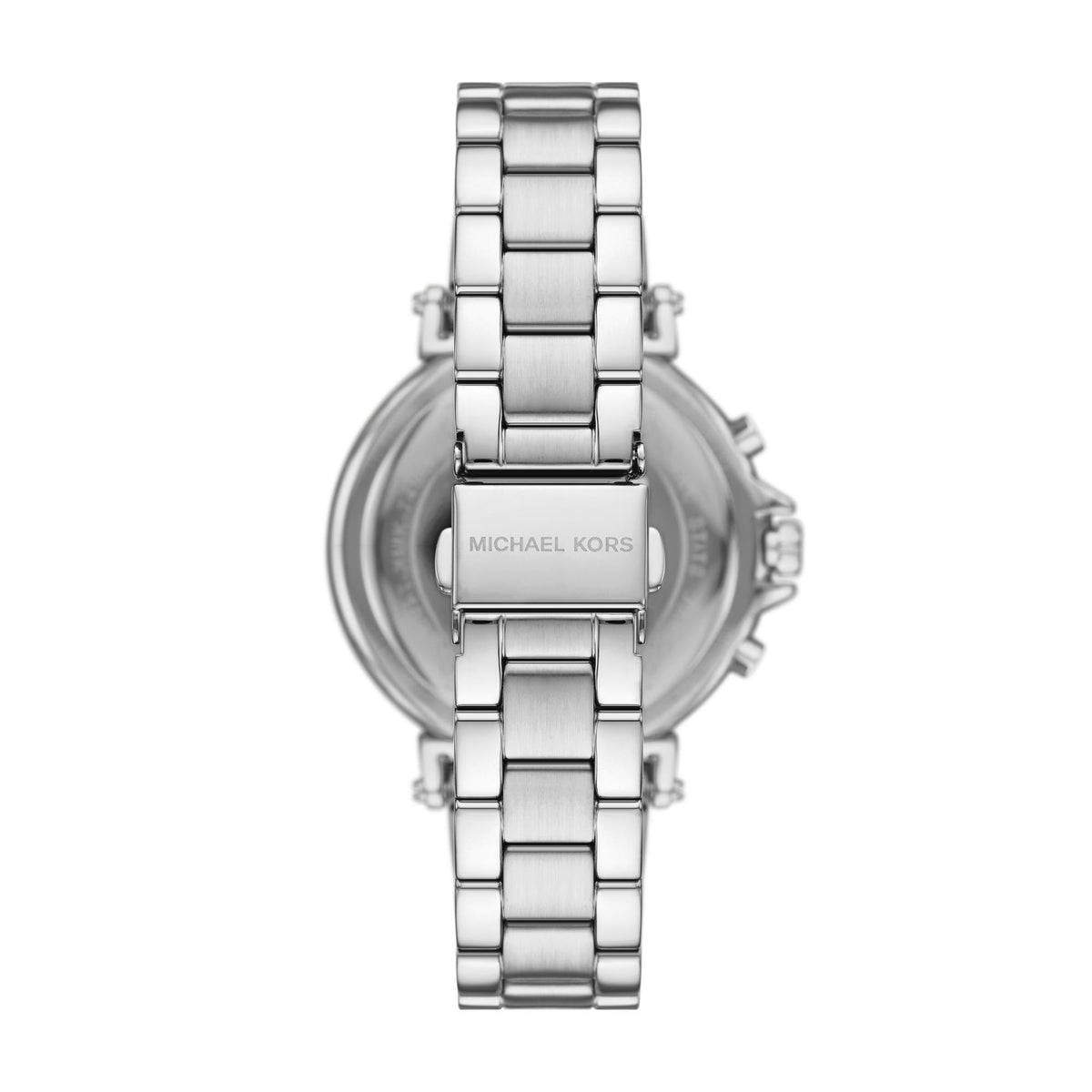 Michael Kors Maren MK7495 back view showing stainless steel bracelet with logo engraved clasp