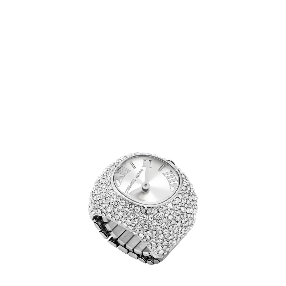 Rhinestone-studded stainless steel wrist watch with silver dial and bracelet links